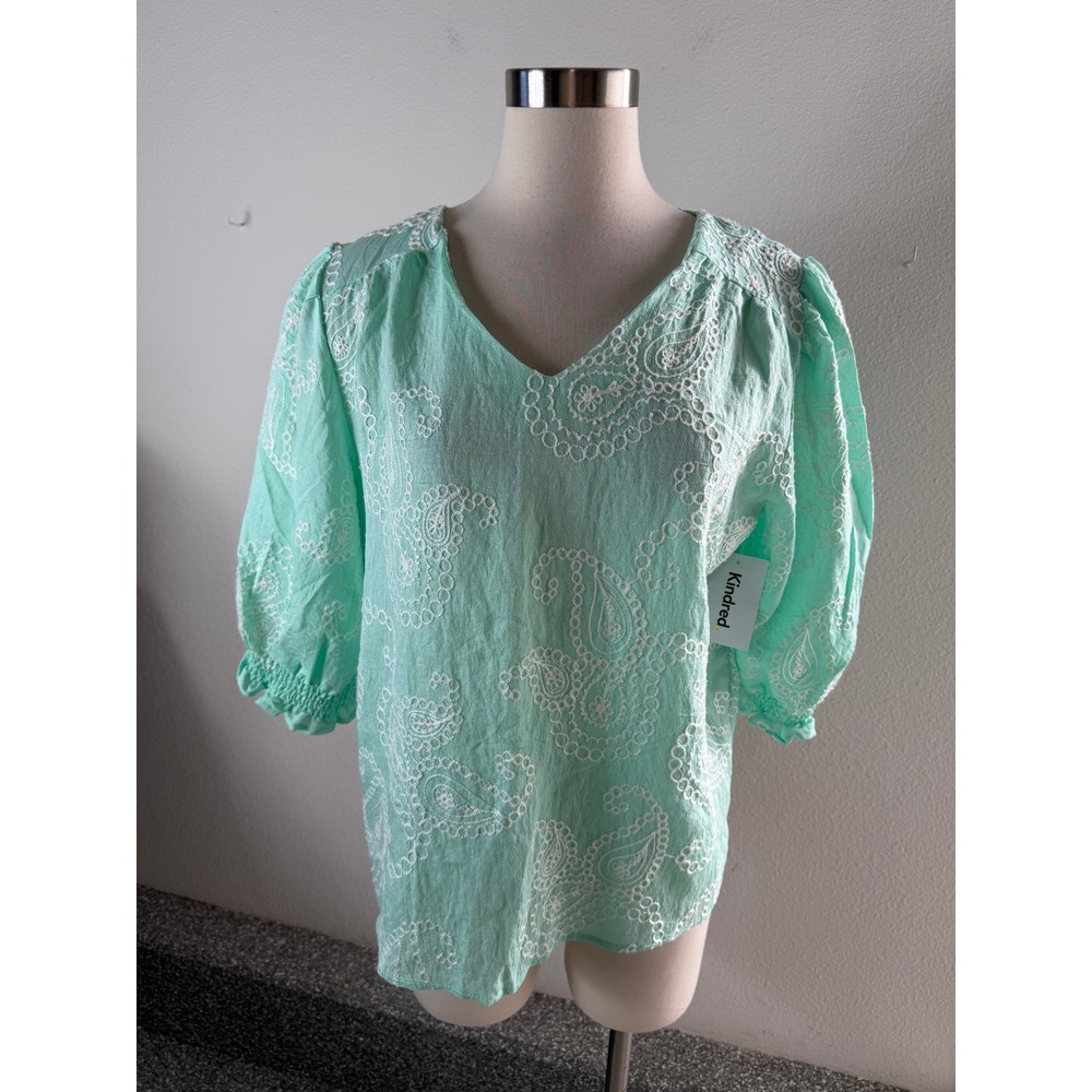 NEW Kindred Womens XL Turquoise Paisley Embroidered V Neck Puff Sleeve Blouse